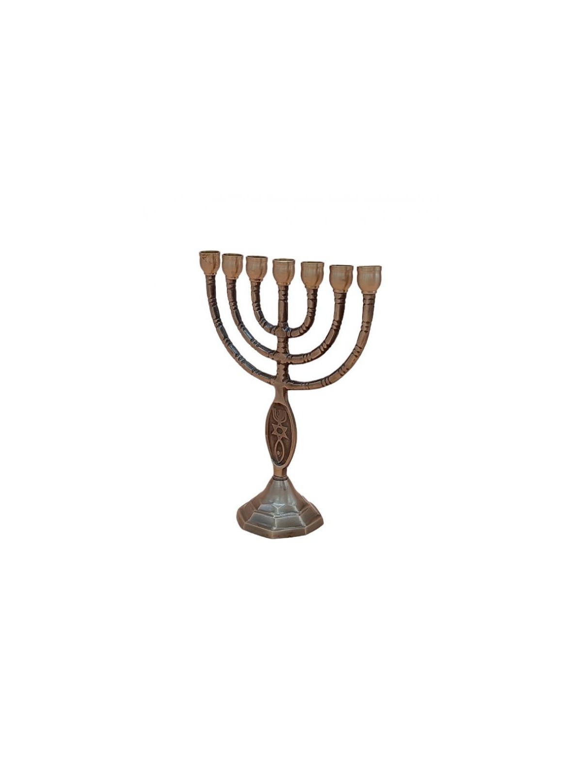 Small Seven Branch Menorah Fish Design Brass Ant... | 7 Branch Menorah