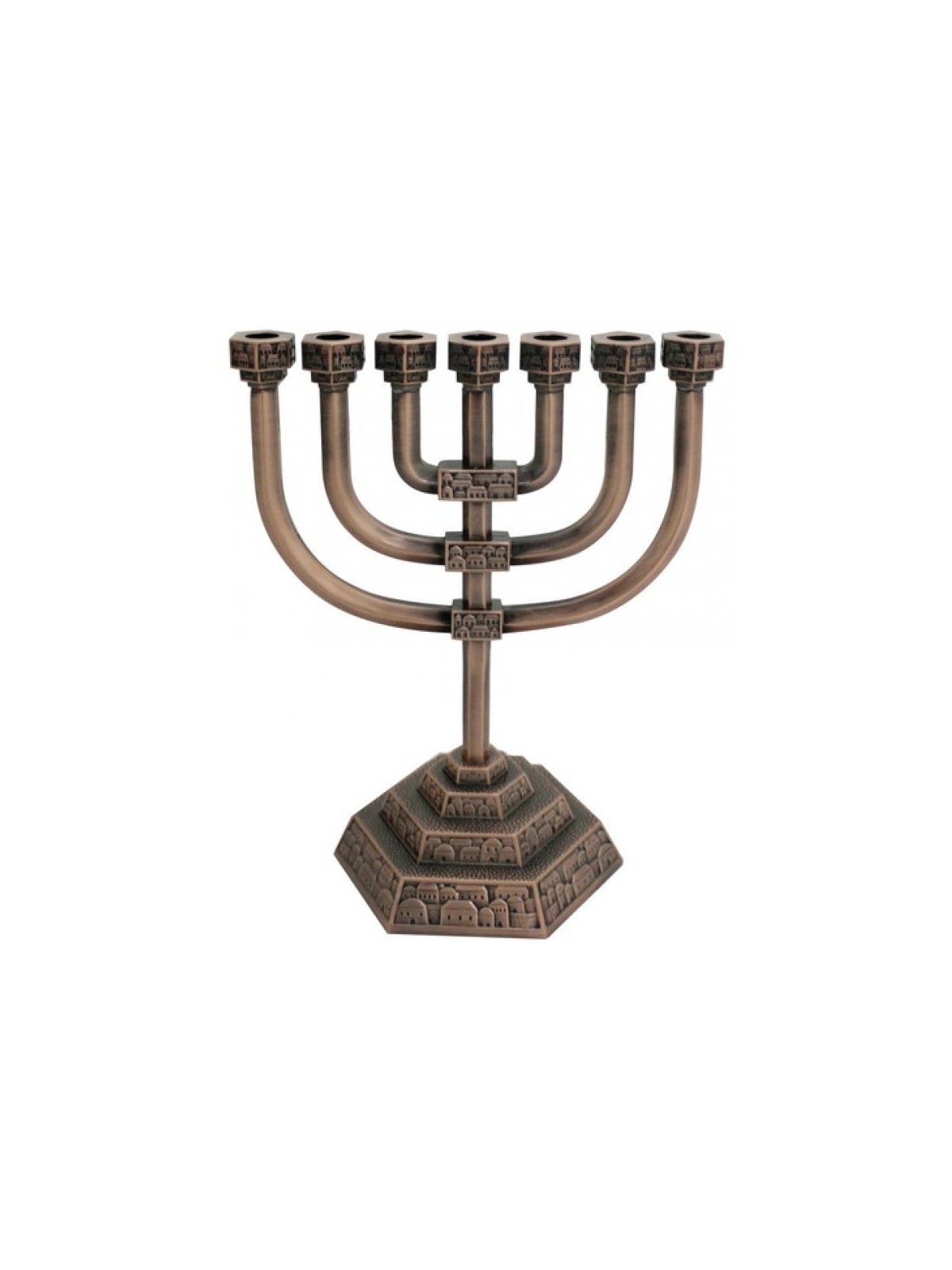Copper color 7 Branch Menorah with Jerusalem design | 7 Branch Menorah