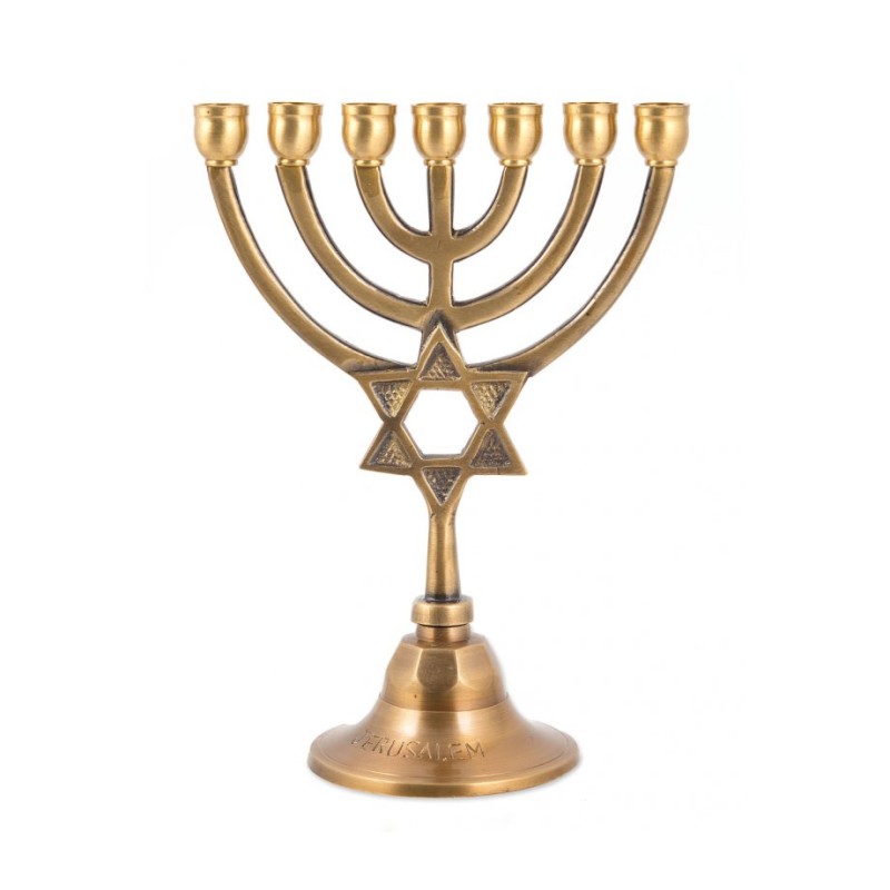 7 Branch Brass Menorah with Star of David on Ste... | 7 Branch Menorah