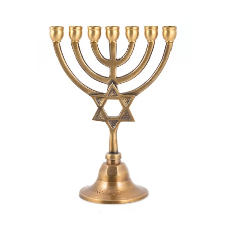 7 Branch Brass Menorah with Star of David on Ste... | 7 Branch Menorah