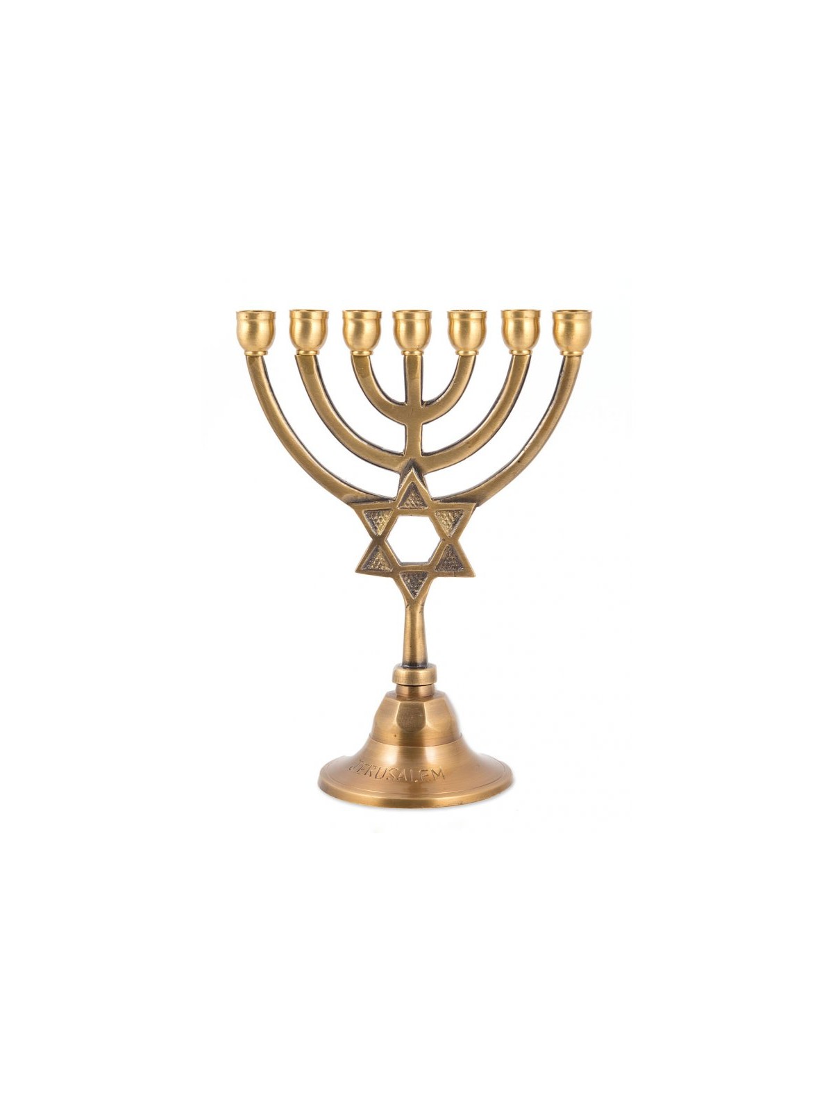 7 Branch Brass Menorah with Star of David on Ste... | 7 Branch Menorah