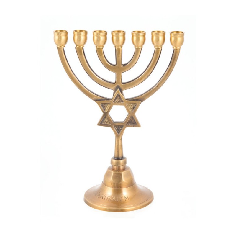 7 Branch Brass Menorah with Star of David on Ste... | 7 Branch Menorah
