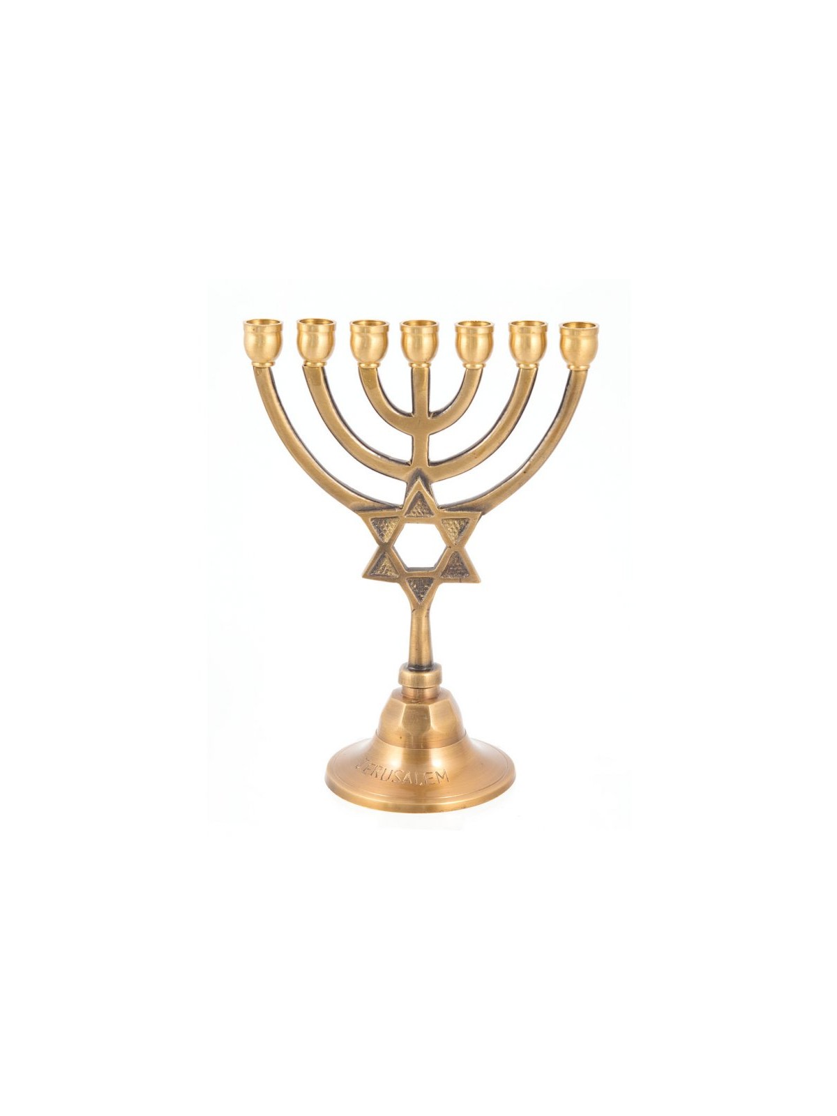 7 Branch Brass Menorah with Star of David on Ste... | 7 Branch Menorah