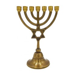 7 Branch Brass Menorah with Star of David on Ste... | 7 Branch Menorah