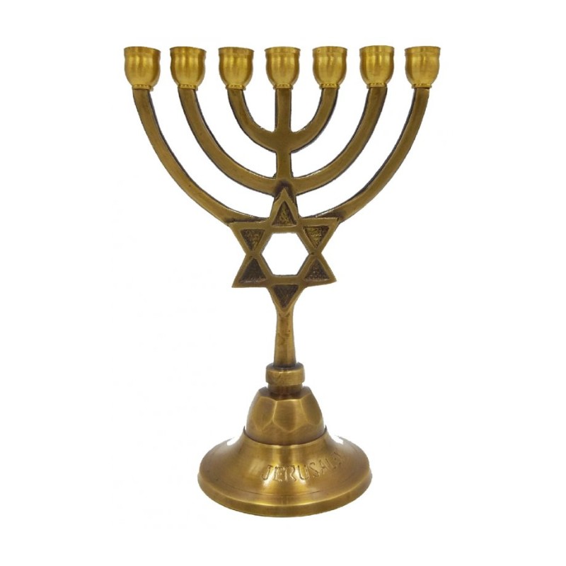 7 Branch Brass Menorah with Star of David on Ste... | 7 Branch Menorah