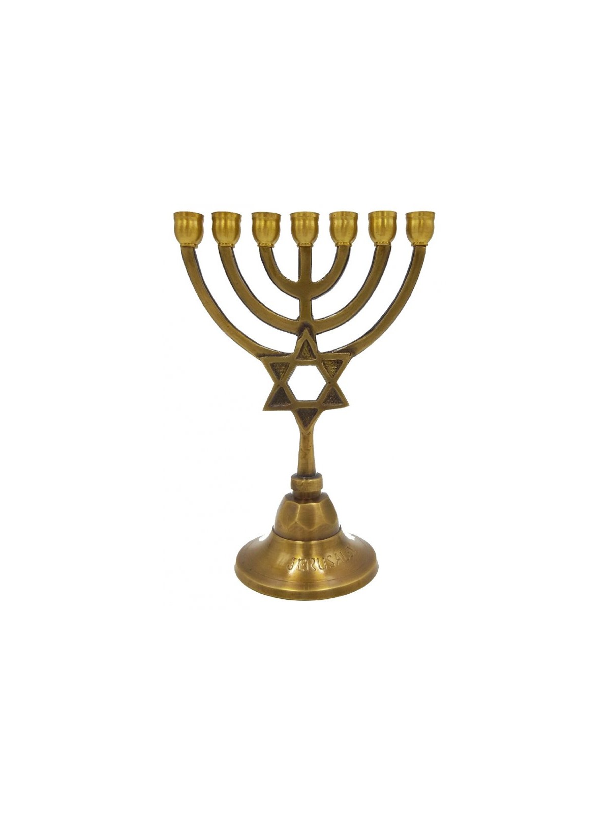 7 Branch Brass Menorah with Star of David on Ste... | 7 Branch Menorah