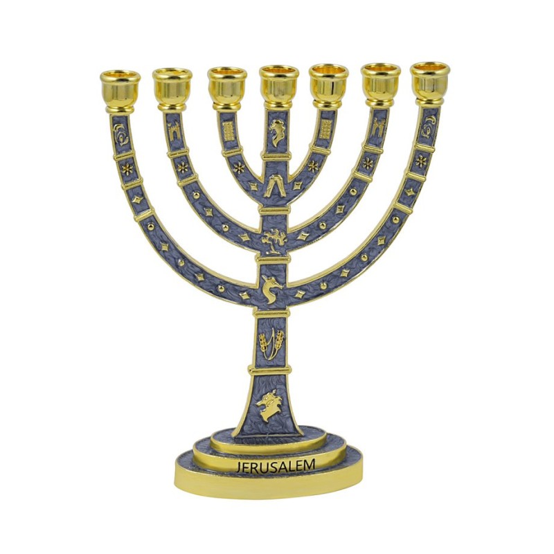 Seven Branch MenorahGold Judaic Motifs on Gray E... | 7 Branch Menorah
