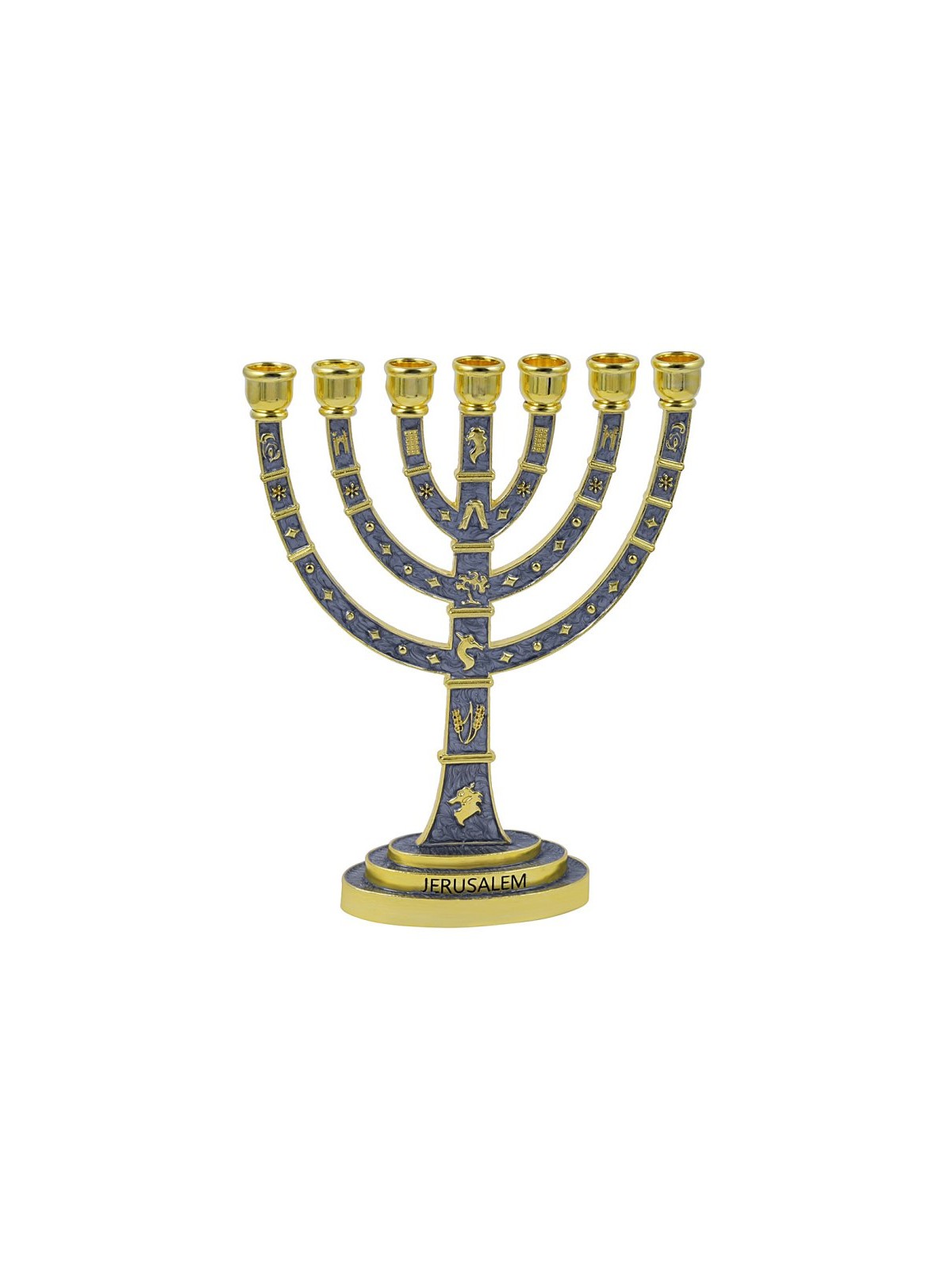 Seven Branch MenorahGold Judaic Motifs on Gray E... | 7 Branch Menorah