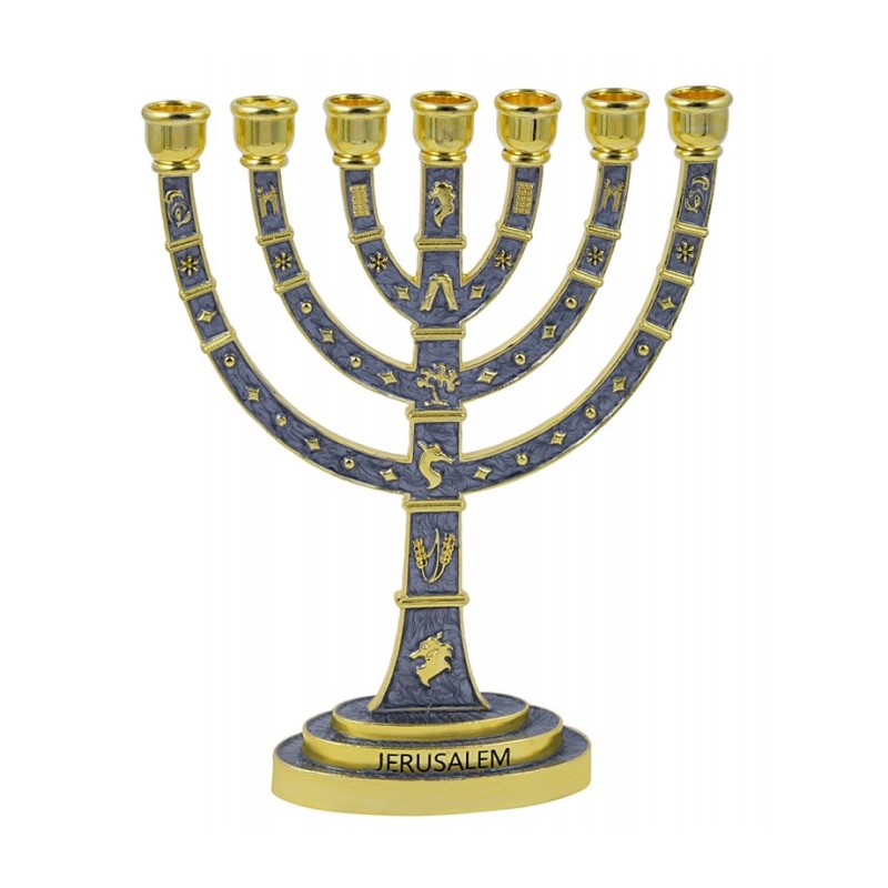 Seven Branch MenorahGold Judaic Motifs on Gray E... | 7 Branch Menorah