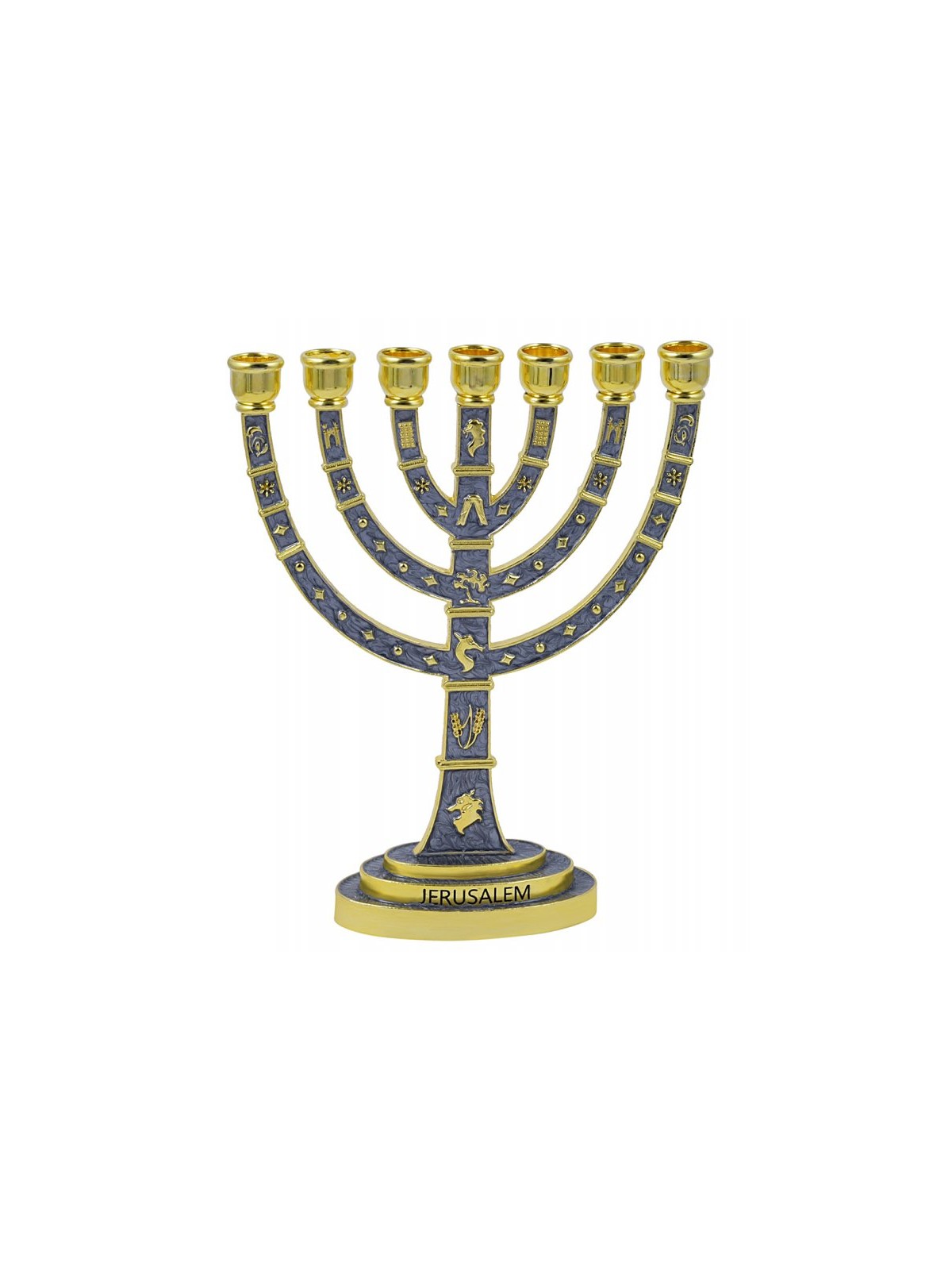 Seven Branch MenorahGold Judaic Motifs on Gray E... | 7 Branch Menorah