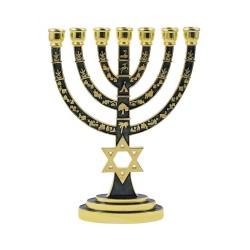 Gold 7 Branch Menorah Green Enamel with Star of ... | 7 Branch Menorah
