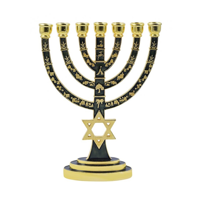 Gold 7 Branch Menorah Green Enamel with Star of ... | 7 Branch Menorah