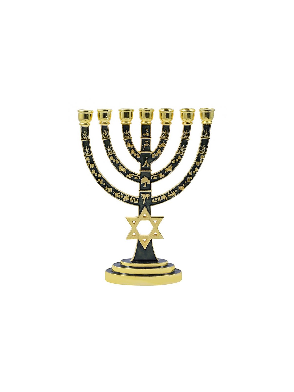 Gold 7 Branch Menorah Green Enamel with Star of ... | 7 Branch Menorah