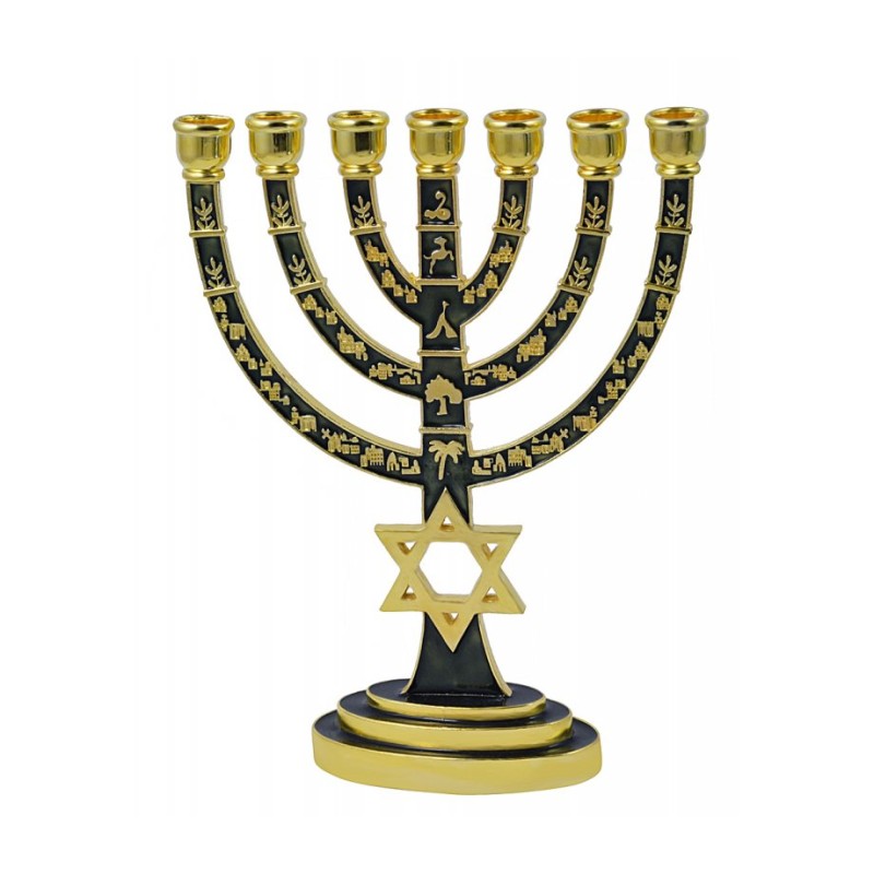 Gold 7 Branch Menorah Green Enamel with Star of ... | 7 Branch Menorah