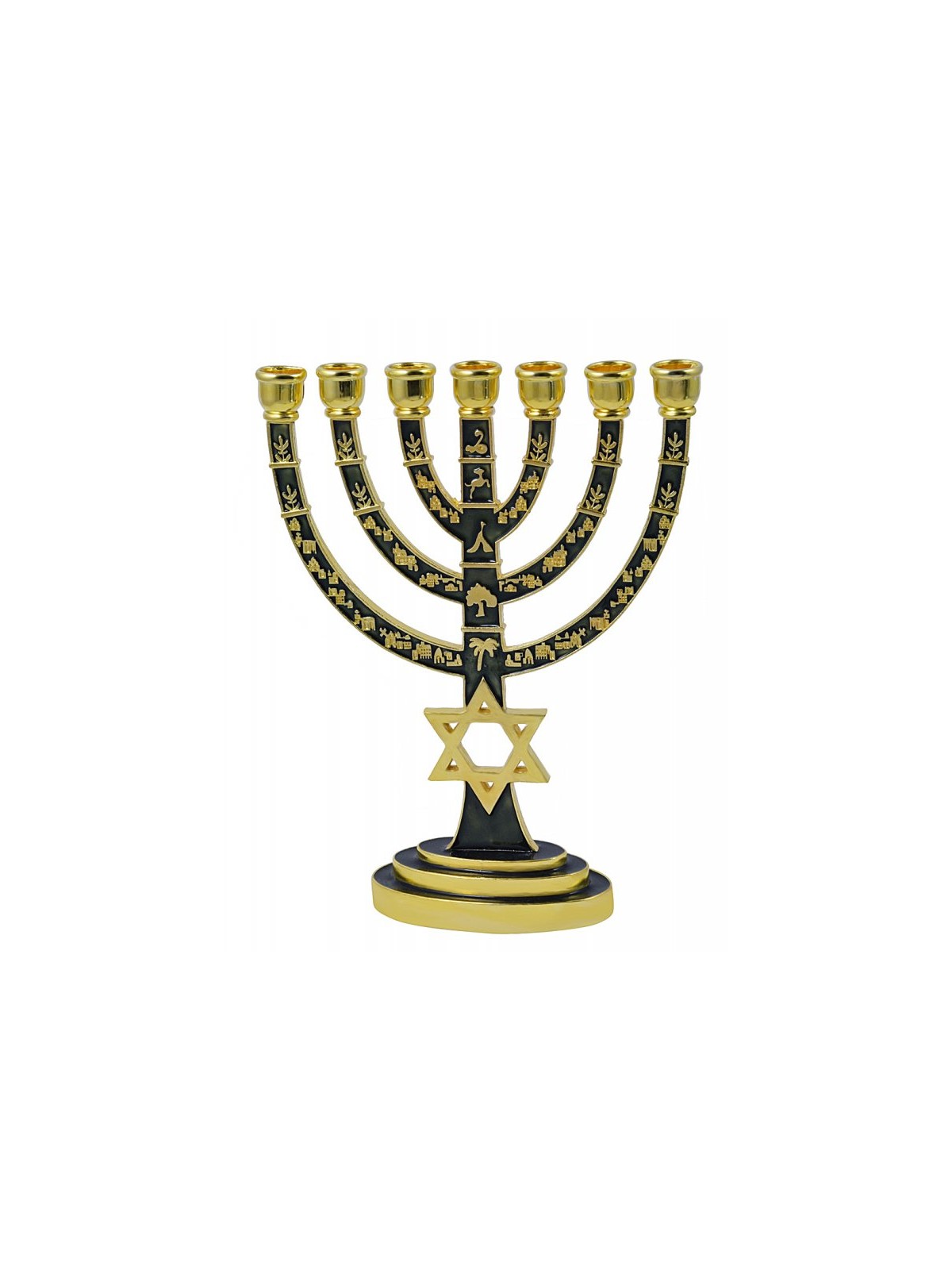 Gold 7 Branch Menorah Green Enamel with Star of ... | 7 Branch Menorah