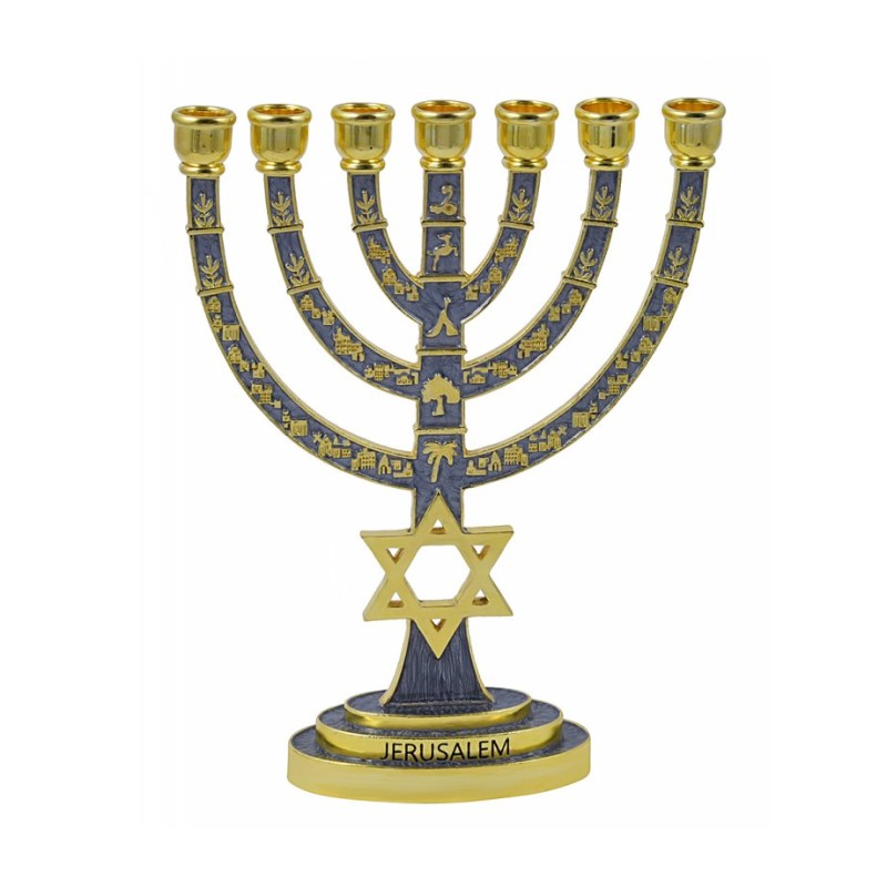 7 Branch Gold Menorah with Gray Enamel Judaic Sy... | 7 Branch Menorah