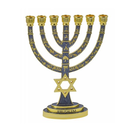 7 Branch Gold Menorah with Gray Enamel Judaic Sy... | 7 Branch Menorah