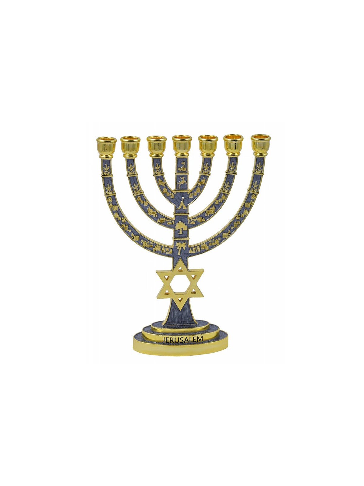 Menorah dorée à 7 branches avec système judaïque en émail gris... | Menorah à 7 branches