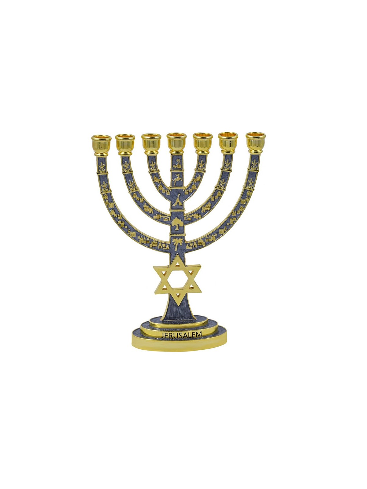 Menorah dorée à 7 branches avec système judaïque en émail gris... | Menorah à 7 branches