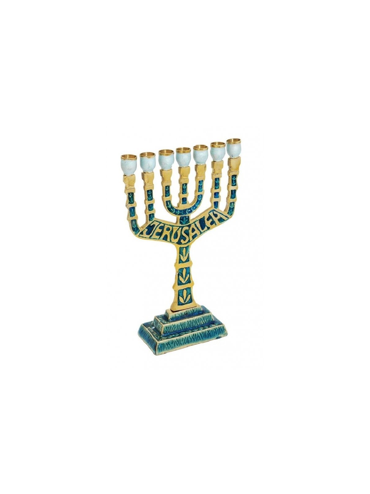 Seven Branch Menorah Jerusalem Design in Blue Pa... | 7 Branch Menorah