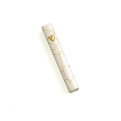 Mezuzah Case Gold Geometric Lines on White Gold... | Aluminium Mezuzah
