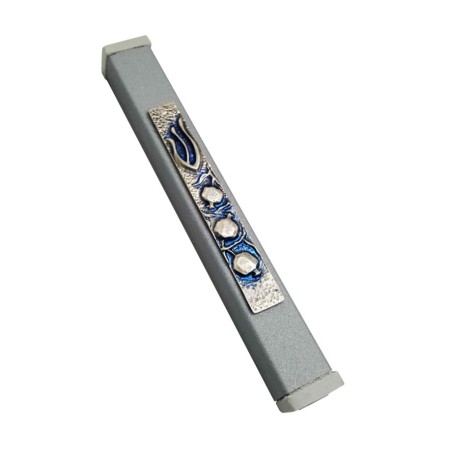 Gray Aluminum Mezuzah Case Elegant Shin and Pom... | Aluminium Mezuzah