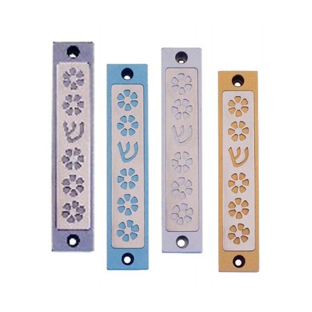 Agayof Mezuzah Case Five Flowers and Shin in Li... | Aluminium Mezuzah