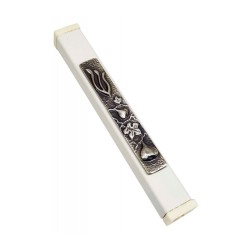 Off White aluminum Mezuzah Case Ornate Shin Fig... | Aluminium Mezuzah