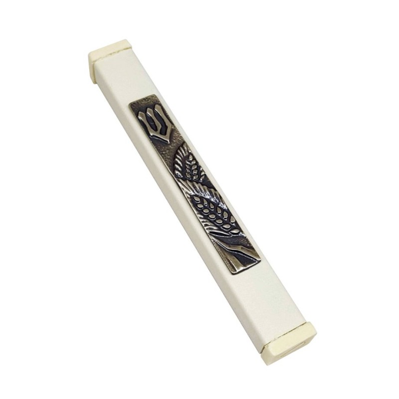 Off White Aluminum Mezuzah Case Ornate Shin Whe... | Aluminium Mezuzah