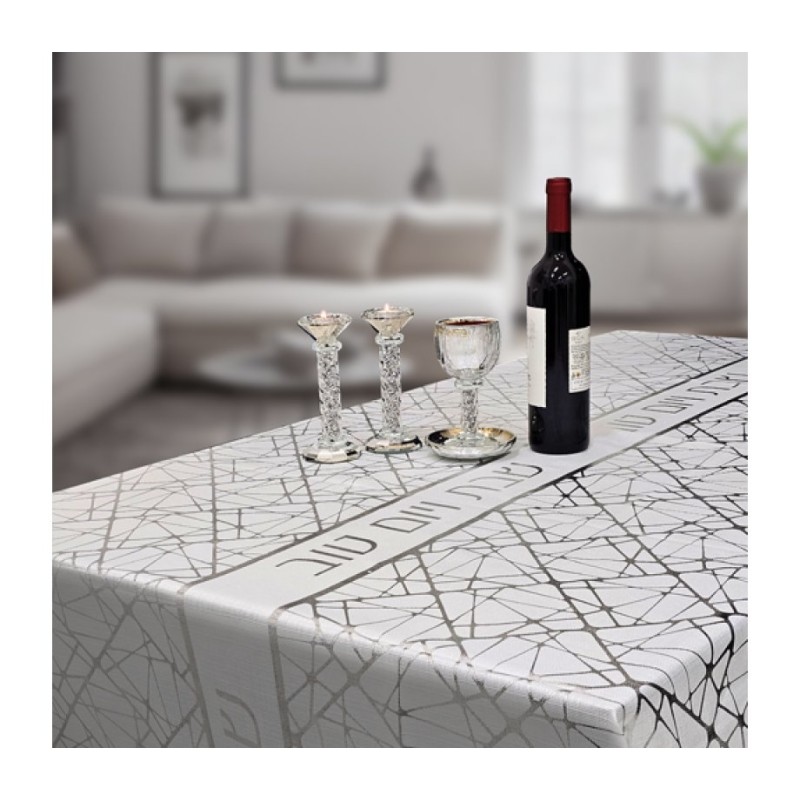 White Polyester Shabbat Tablecloth Silver Splash Shab... | Tablecloths