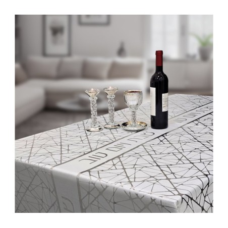White Polyester Shabbat Tablecloth Silver Splash Shab... | Tablecloths