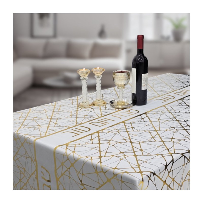 White Polyester Shabbat Tablecloth Gold Shabbat VeYom... | Tablecloths