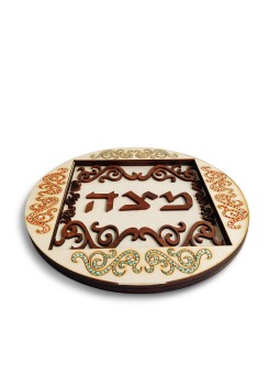 Green and Red Round Wood Matzah Tray , Tu B'Av Gifts , Israeli Judaica