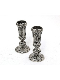 Short Leg Yemenite Filigree Silver Candlesticks , Sterling Silver Cand