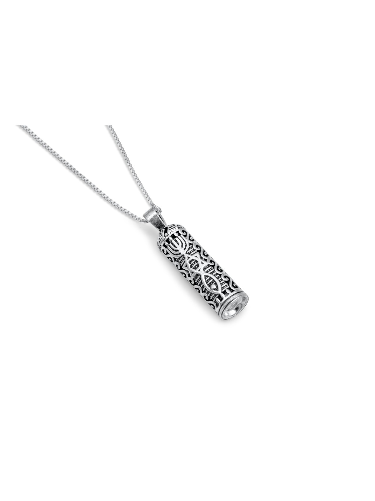 Mezuzah Silver Pendant with Symbols from Judaism , Sterling Silver Fam