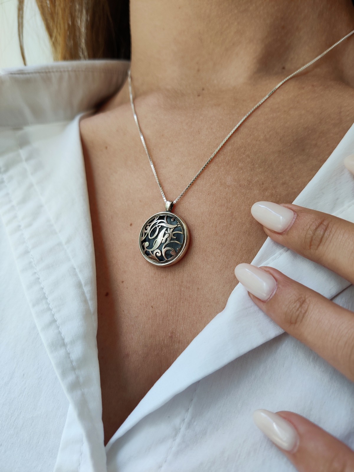 Cut Out Rounded Initial Necklace , Sterling Silver Family Necklaces ,
