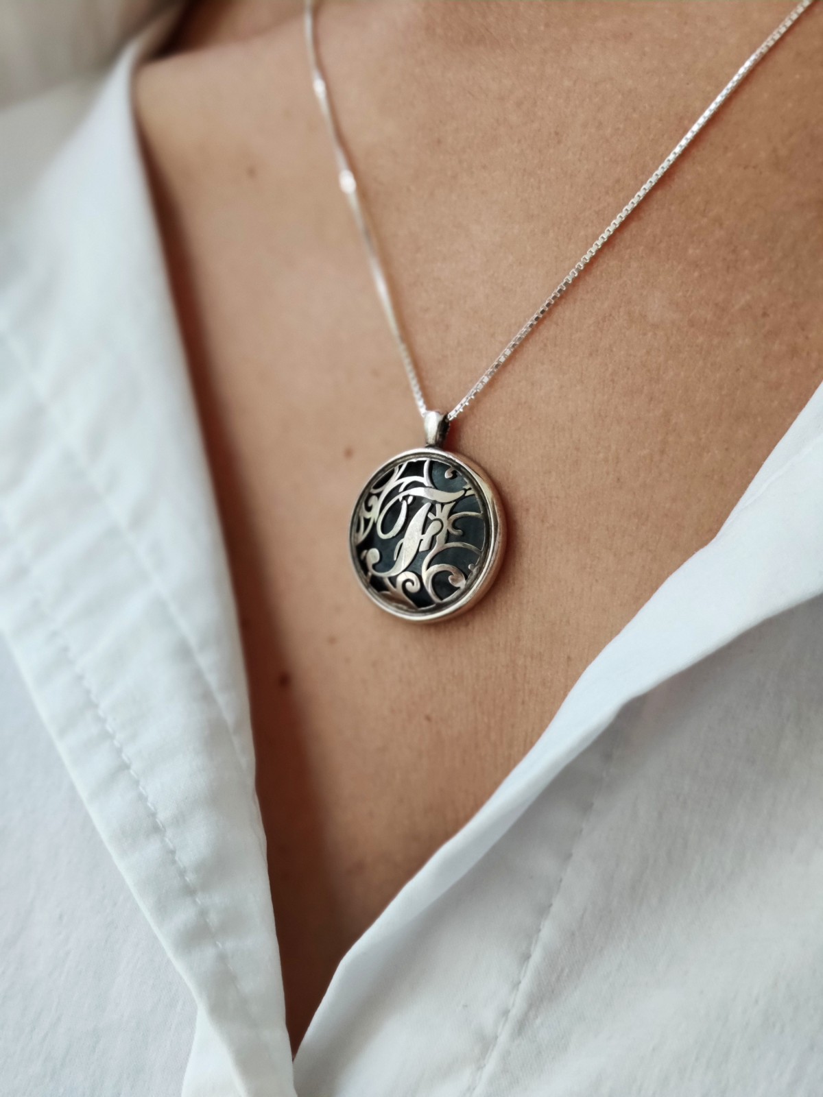 Cut Out Rounded Initial Necklace , Sterling Silver Family Necklaces ,