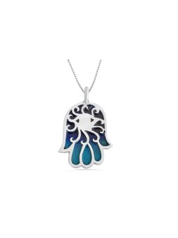 Enameled Hamsa Sterling Silver Pendant , Sterling Silver Family Neckla