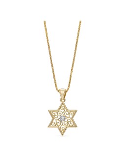 Hollow Swirl 14K Gold Star of David Pendant with D , Jewish Filigree J