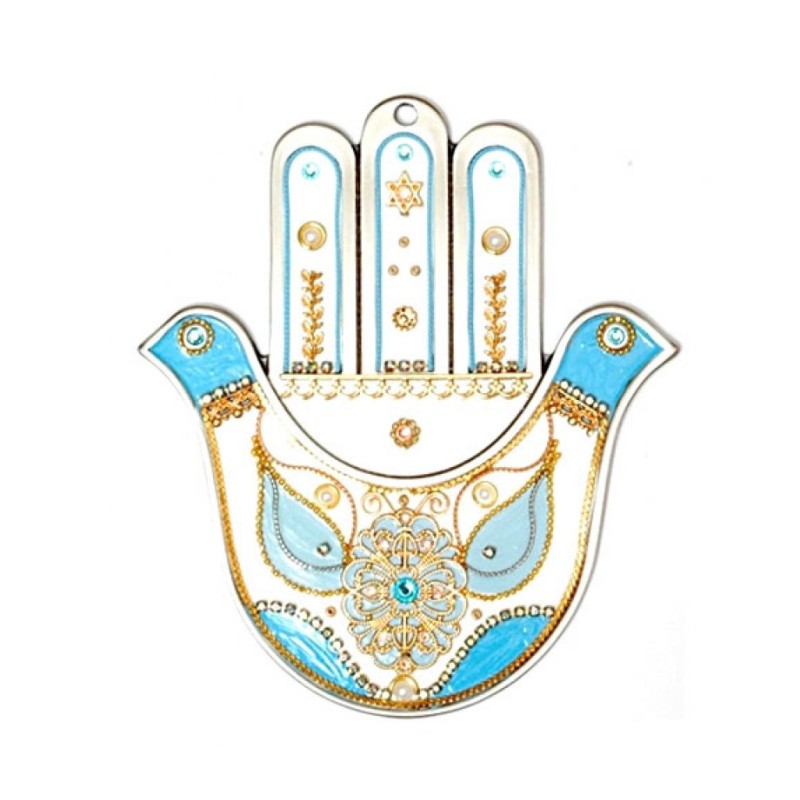 White and Blue Dove Hamsa by Ester Shahaf | Hamsa Hands