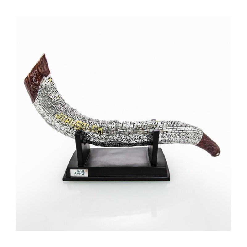 Shofar yéménite décoratif plaqué argent et or sur St... | Figurines