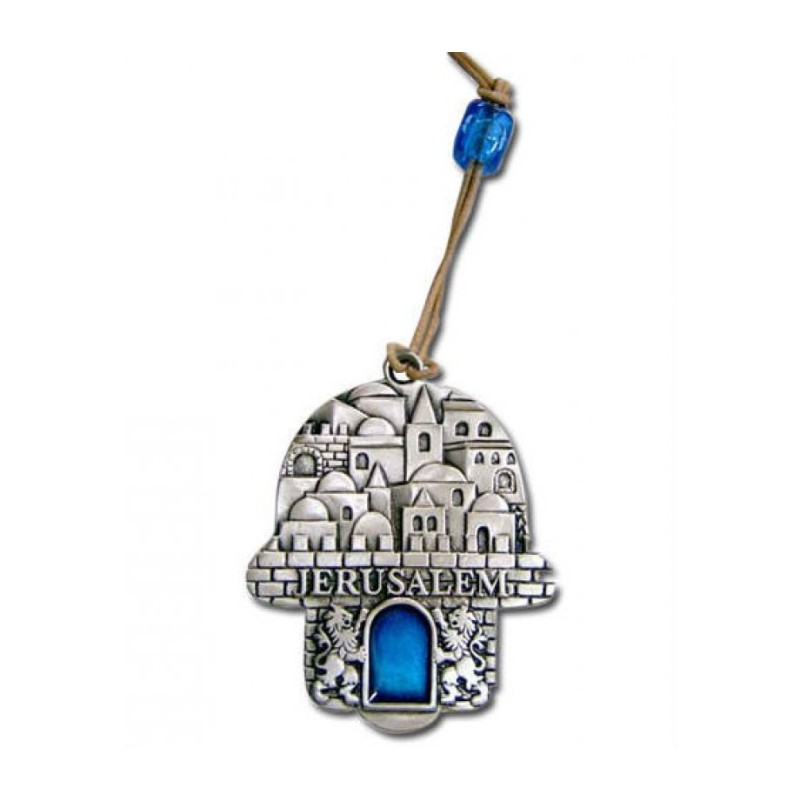 Jerusalem Hamsa with Blue Stone 2 in stock | Metal Hamsa