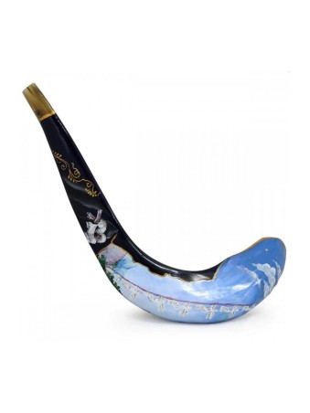 Hand Painted in Israel Rams Horn Shofar Blue Ja... | Decorated Shofars