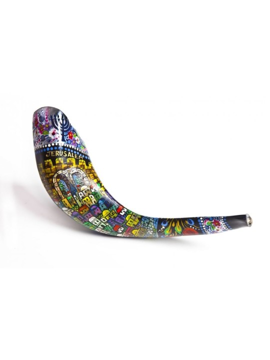 Shofar en corne de bélier peint à la main de Jérusalem | Shofars décorés
