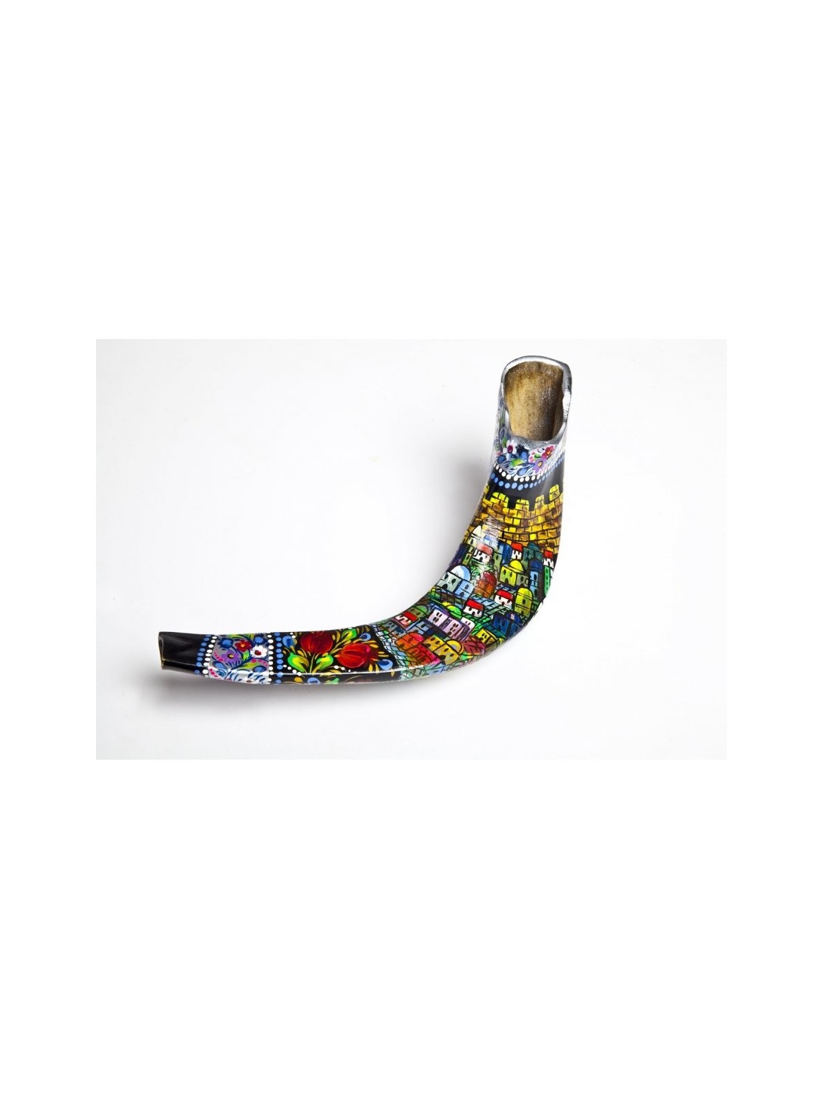 Shofar en corne de bélier peint à la main de Jérusalem | Shofars décorés