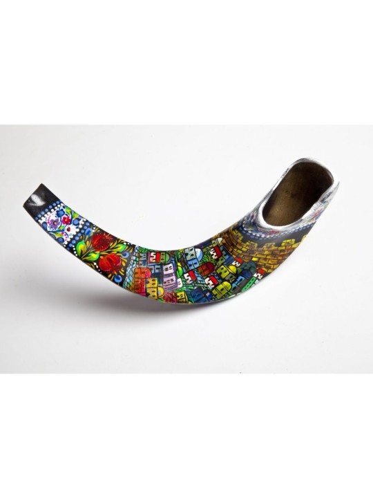 Shofar en corne de bélier peint à la main de Jérusalem | Shofars décorés