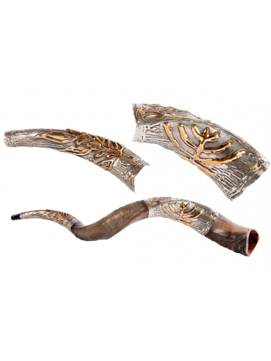 Gold Color Menorah on Sterling Silver Yem... | Sterling Silver Shofars