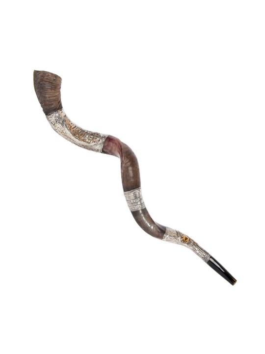 Decorative Yemenite Shofar with Sterling ... | Sterling Silver Shofars