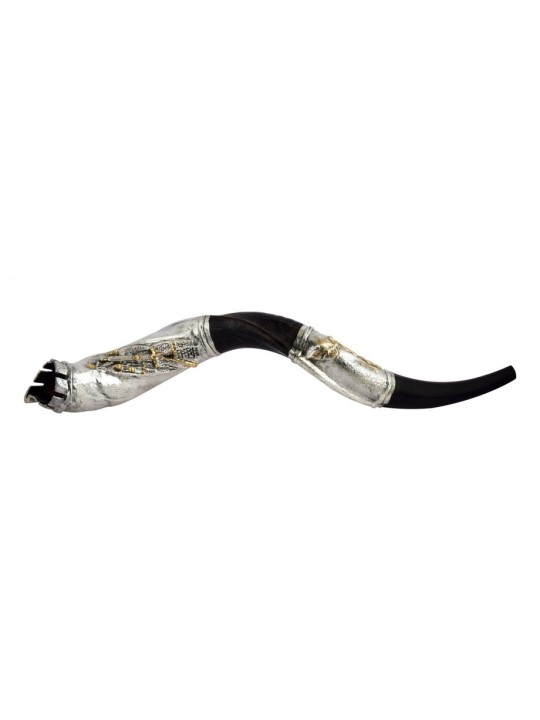 Shofar yéménite en argent coupé en couronne Jérusalem | Shofars en argent sterling