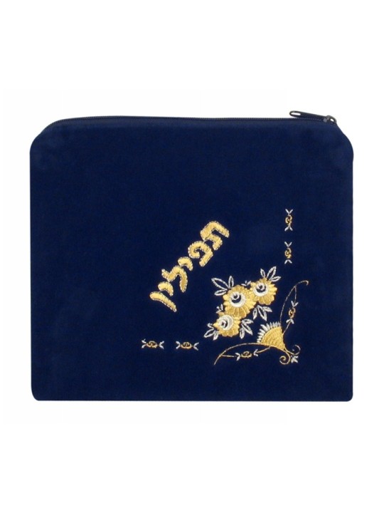 Sac Tefillin en velours bleu foncé brodé... | Sacs et supports de téfilines